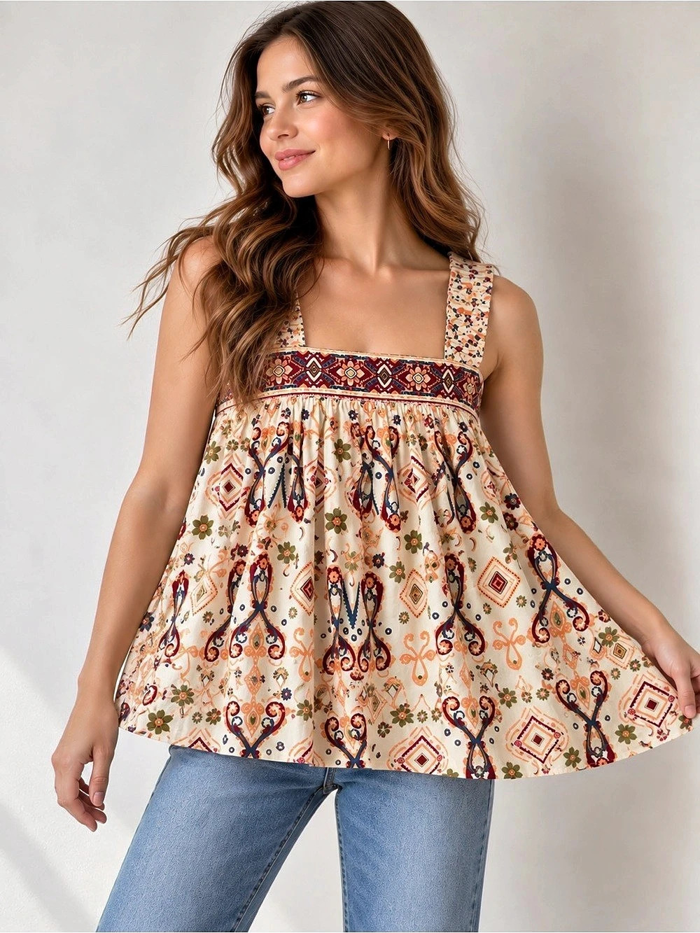 Easel Printed Strappy Tank Top in Cream Size Small Like New